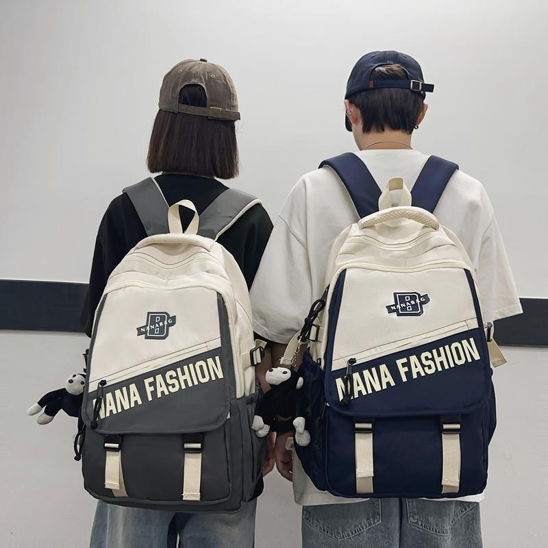 Men Letter Print Backpack Color Block Student Schoolbag Women Large Capacity Backpack