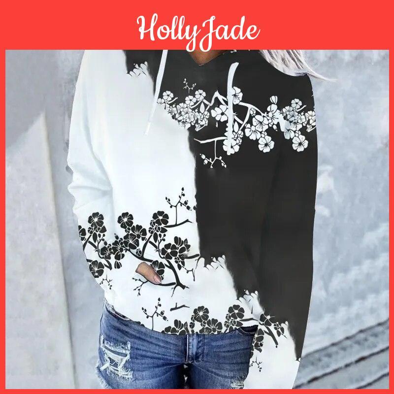 Flower Women Long Print Sleeved Hoodie Pocket Drawstring Pullover Basic Casual Tops Versatile Hoodies New Sweatshirts