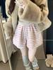 Rosa gestreifte Woll-Wintershorts für Damen mit Spitzenbesatz – hoher Bund, gerades Bein, A-Linien-Schnitt