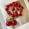 Gemstones Heart Beads Necklace Fruit Pendant Neckchain Cherry Charm Collar Chain Accessory for Dates and Parties