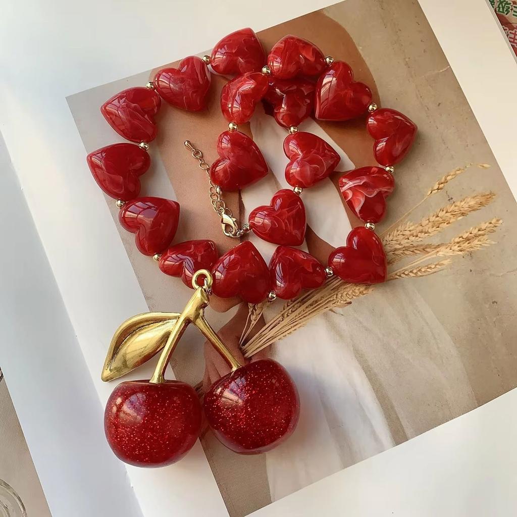 Gemstones Heart Beads Necklace Fruit Pendant Neckchain Cherry Charm Collar Chain Accessory for Dates and Parties