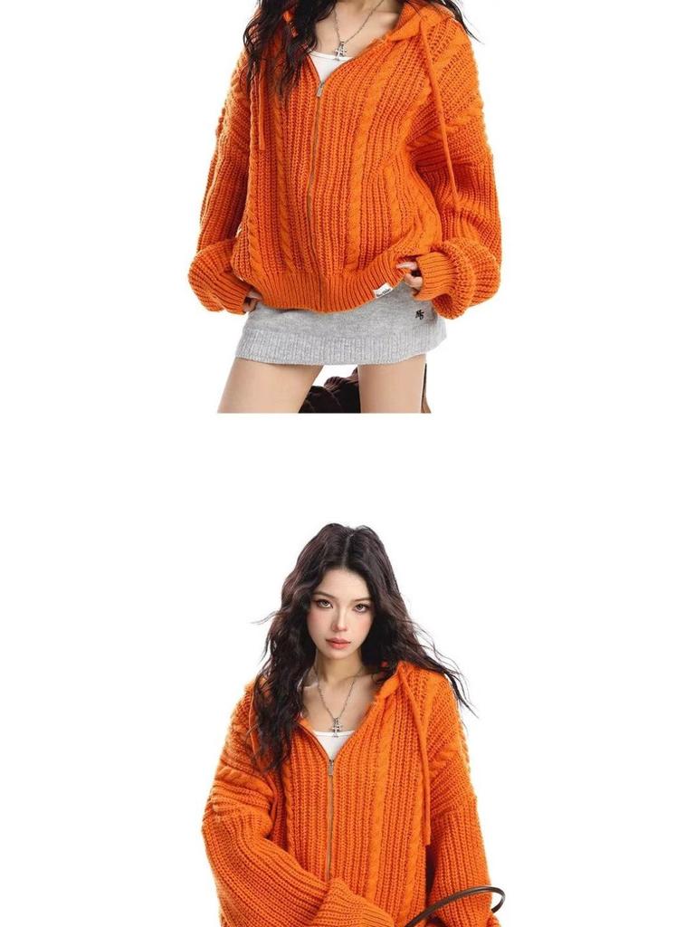 American Casual Cable Knit Hooded Sweater for Women - 2025 Spring/Autumn Trendy Loose Fit Jacket