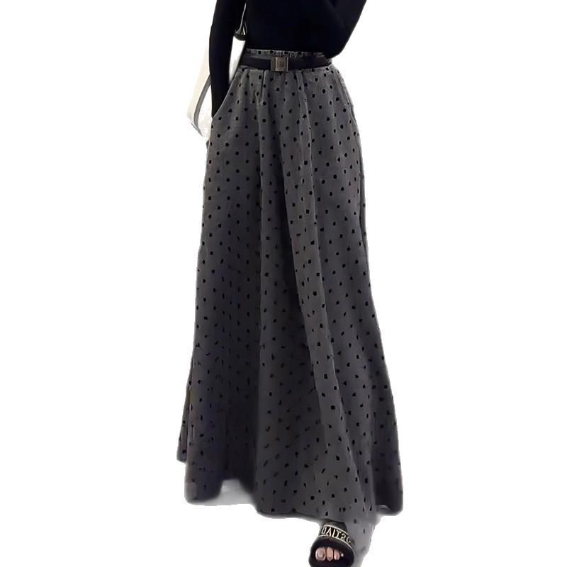 Plus Size Grey Polka Dot Retro Long Skirt - Korean Style, Autumn Collection
