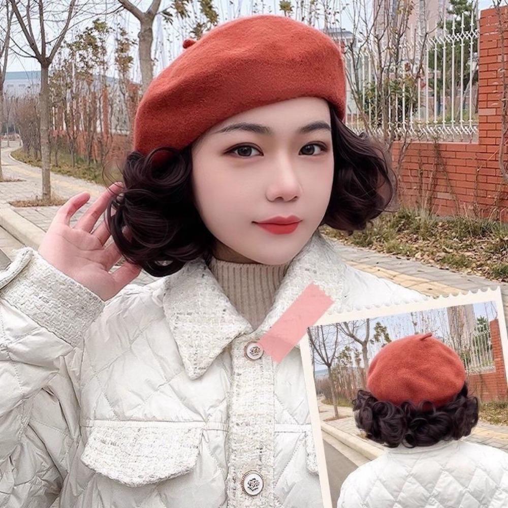 Autumn Winter With Curly Hair Beret Hat With Wig Warm Casual Wig Plain Cap Attached Wig French Artist Hat Women