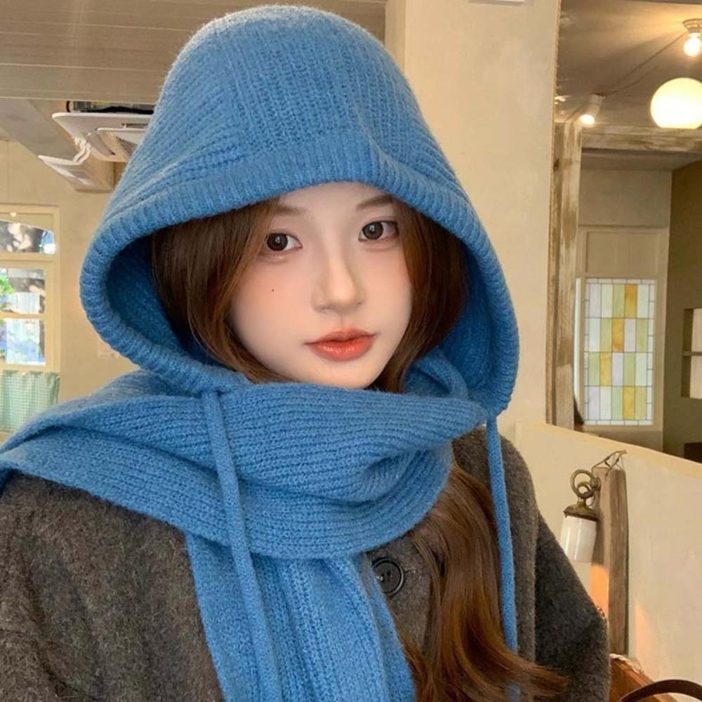 Korean Style Winter Balaclava Hat Solid Color Knitted Hooded Beanie Hood Scarf Combo Trendy Girls