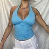 Top sin mangas de verano de moda para mujer, cuello colgante, escote en V, escote halter en el pecho, top sexy ajustado sin espalda