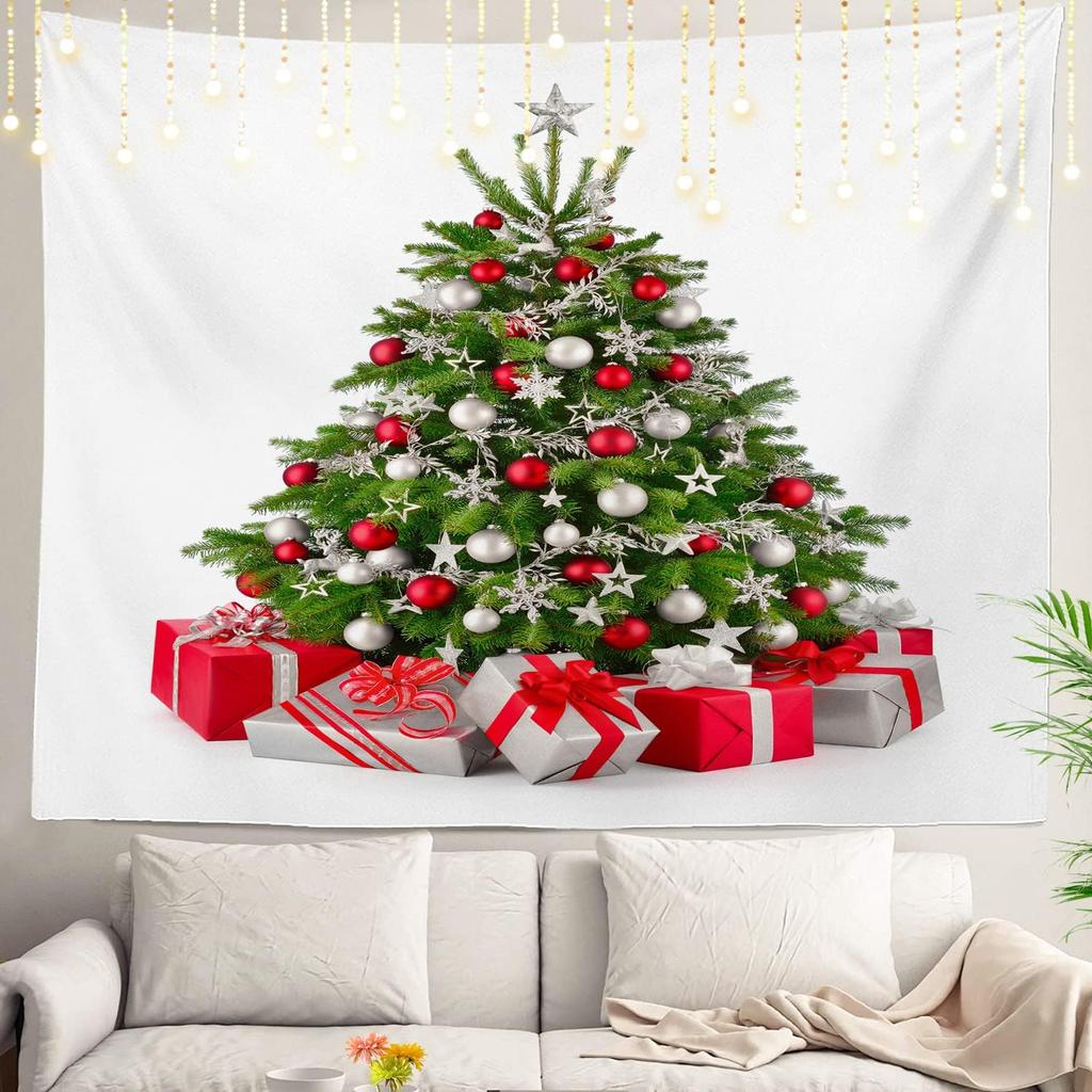 Christmas Wall Tapestry, Tree Wall Hanging Large Tapestry Decoration Polyester Fiber White Hem Around for Dorm Room Bedroom