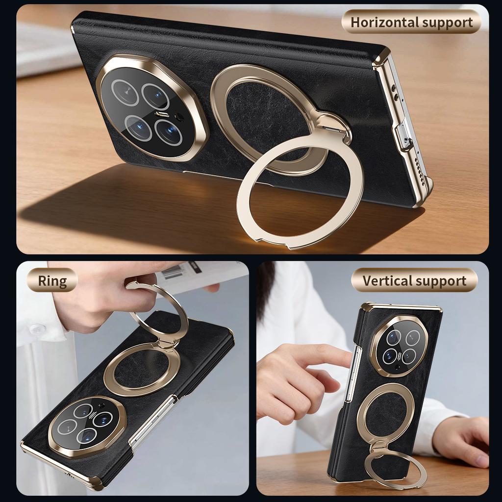 Premium Oil Wax Texture Leather Case for Honor Magic V6 Dual-Axis Hinge All-Inclusive Lens Protection Invisible Ring Stand Cover