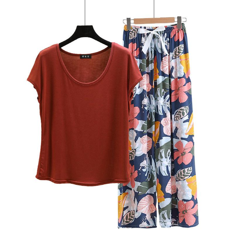

Summer thin Tshirt with Floral Wide leg pants Modal cooling Pajamas sets Casual Plus size Homewear all match loose loungewear all match 2XL