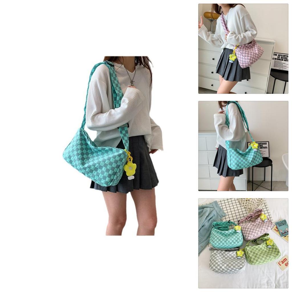 Stylish Gray And Blue Street Fashion Girls Plaid Nylon Messenger Shoulder Bag