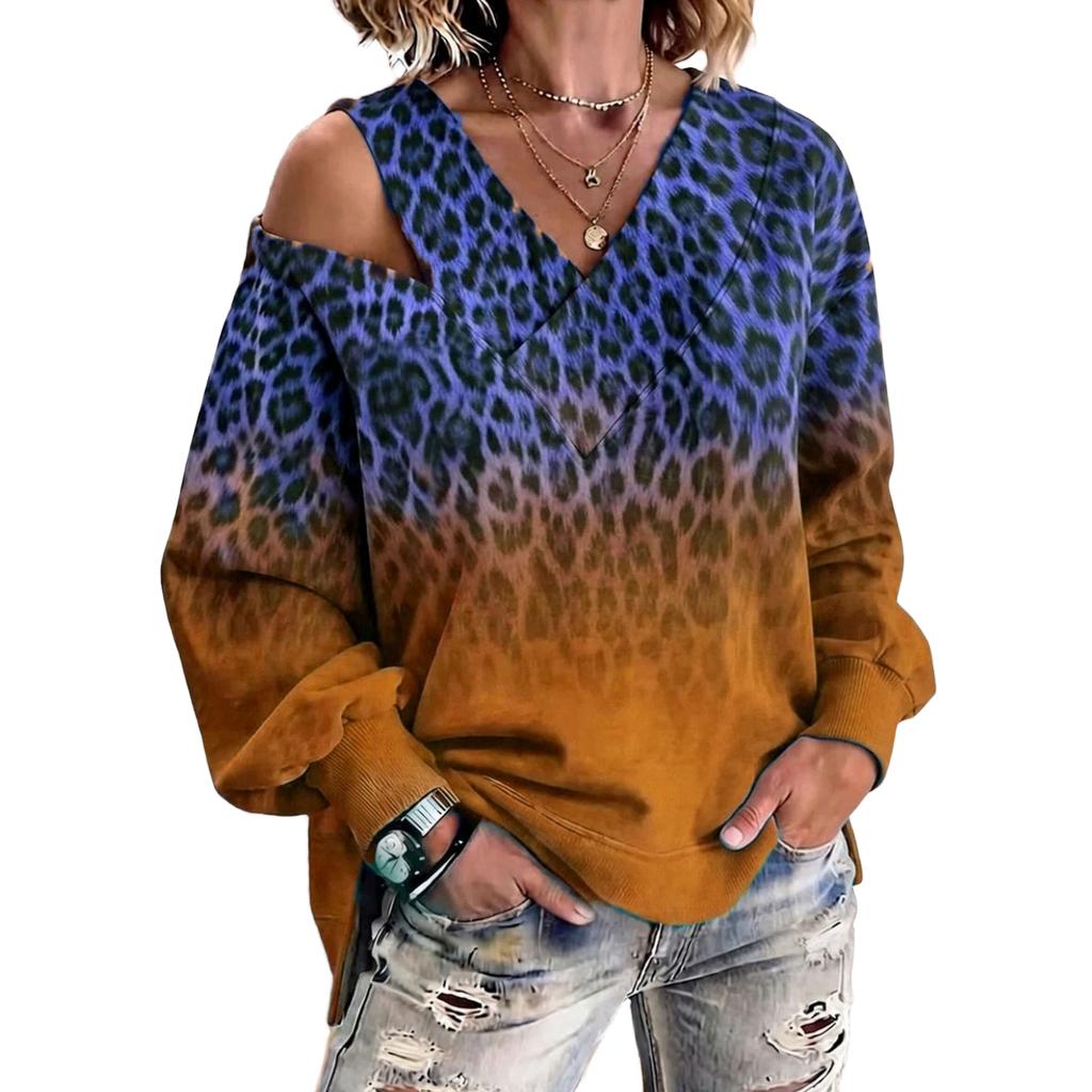 Women's Leopard Print Off Shoulder V Neck Long Sleeve Oversized Sweatshirt