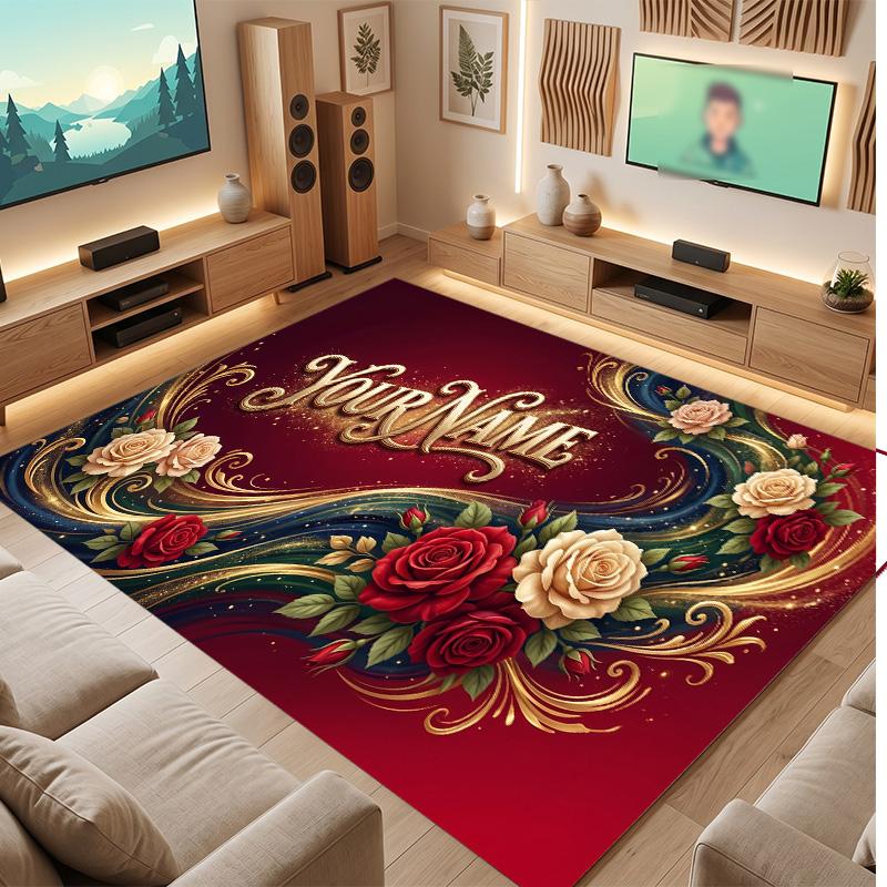 Floral Garden Theme Soft Crystal Velvet Rug Custom Name & Text Print Non Slip Floor Rug for Bedroom Living Room