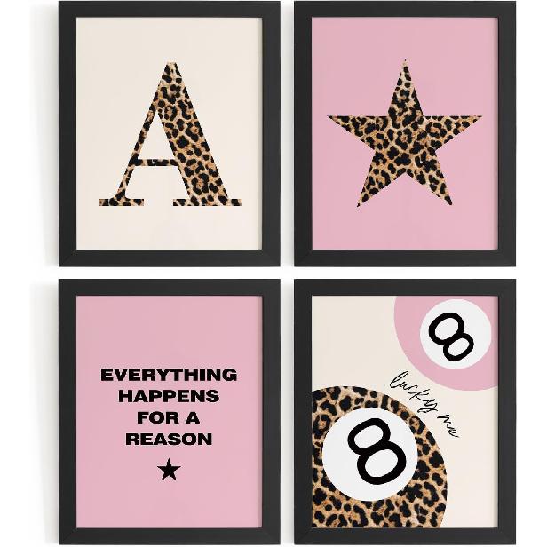 DSHFG Preppy Pink Leopard Cheetah Room Decor Y2K Cheetah Posters for College Dorm Wall Art Prints 4Pcs, Initial A Personalized Pink Lucky 8 Ball A 8Ball