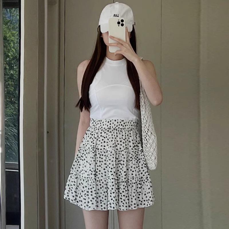 Summer 2025 Floral High-Waisted Loose Slimming Drawstring Anti-Exposure Cake Skirt
