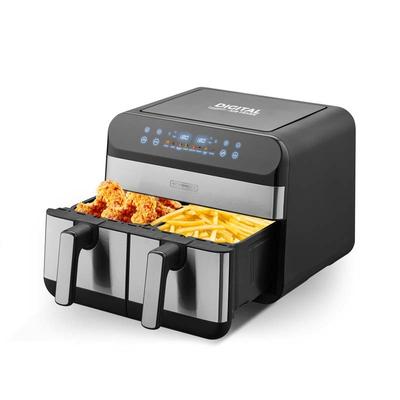 KitchenCook Fritadeira Sem Óleo Com Duas Cubas - 9 Litros - 2400w - 8 Programas - Temporizador - Termostato Ajustável - Inox