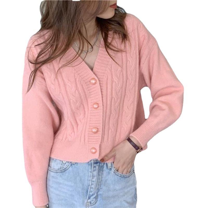 Damen Kurzer Strickcardigan V-Ausschnitt Pullover Damenmantel Frühling und Herbst Einfarbiger Pullover