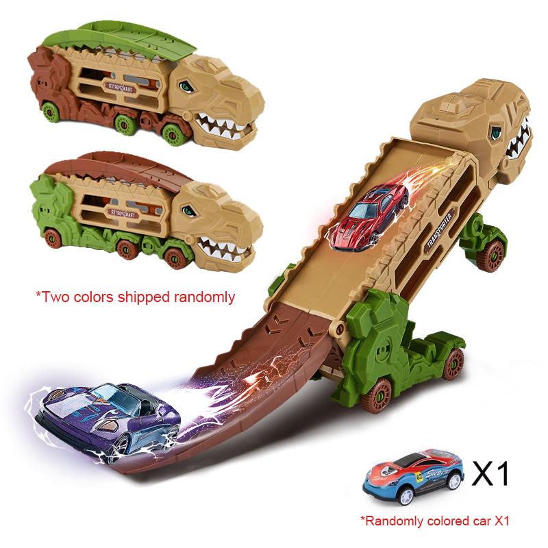 Dinosaur Transport Truck with Foldable Sliding Race Track, Toy for Children, Transformable T-Rex Tricycle,