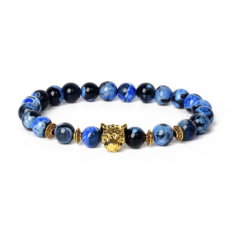 Leopard Head Beaded Bracelets for Men Women 8mm Rock Lava Stone Crown King Lion Charm Bracelet Set Natural Stone Elastic Jewelry