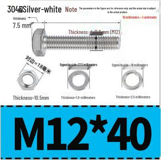 304 Stainless Steel Hex Head Bolt and Nut Set M6-M14, Lengths 8-100mm