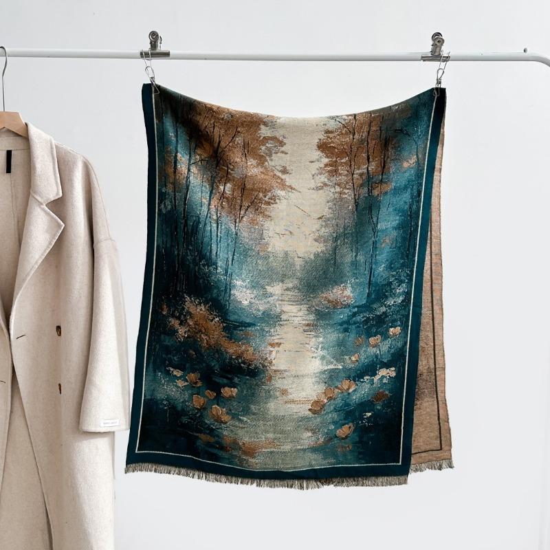 Autumn and winter new double-sided color oil painting series imitation cashmere thickened warm scarf women's air conditioner shawl
