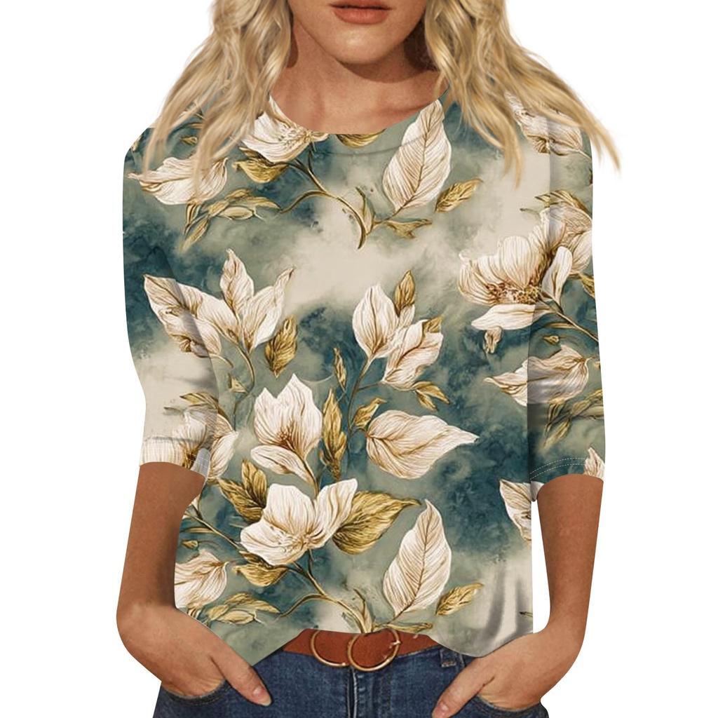 Women's Fashion Casual Round Neck Three Quarter Sleeve Printed T-Shirt Top