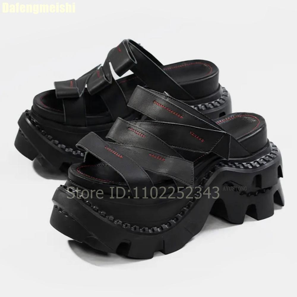 

Fashion 2025 Summer New Platform Slippers 6-8Cm Wedges Black Casual Fashion Slides Open Toe Punk Style Non-Slip Rubber Bottom Sandals 40