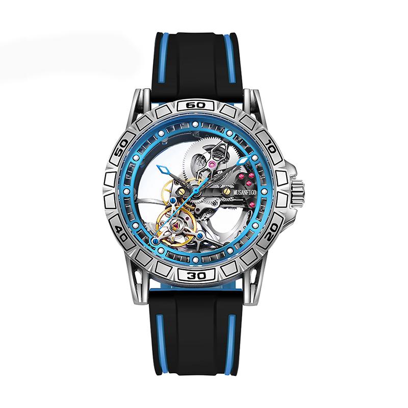 MUSANFIGO double-sided hollow men's fully automatic watch, silicone strap, mechanical movement men's night light waterproof fash