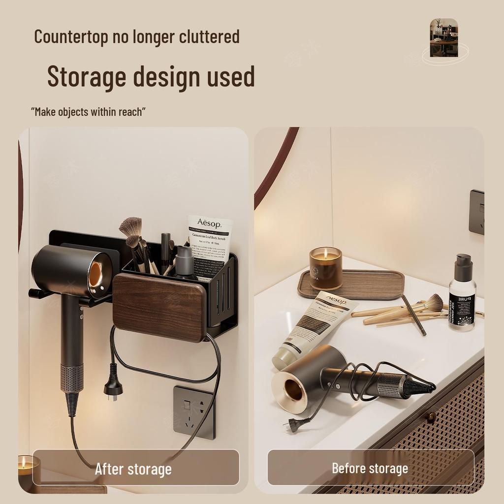 Walnut Hair Dryer & Makeup Brush Organizer, No-Drill Wall Mount