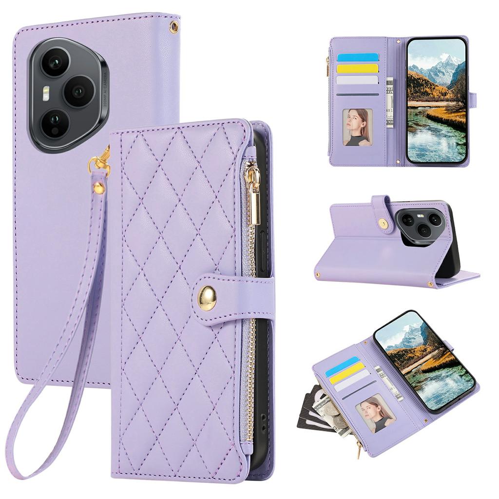 For Honor 400 Pro 5G (Global) Case Multi Card Slots Zipper Rhombus Leather Phone Cover with Wrist Strap