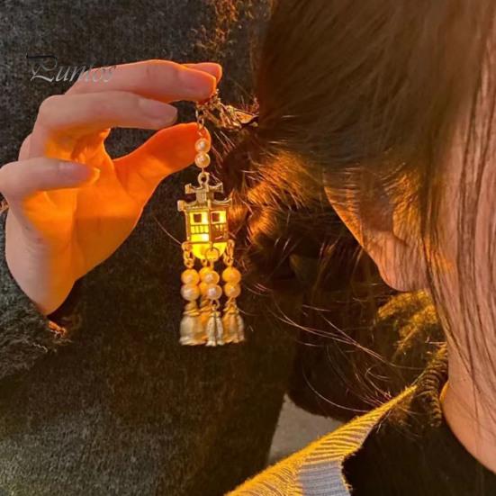 Hair Stick Women Vintage Traditional Chinese Palace Lantern Shape Pendant Faux Pearl Fork Decor Tassel Stainless Exquisite Forks Hanfu Dress Prop Lady