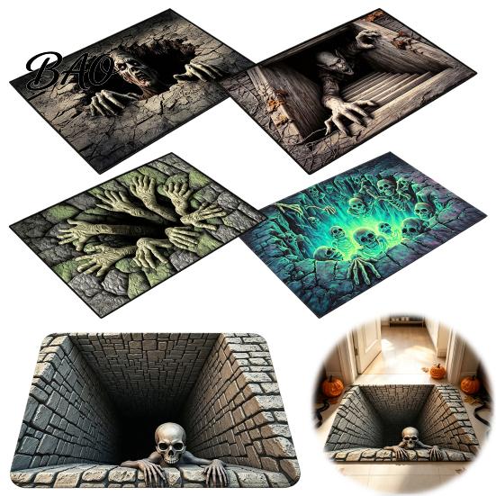 3D Optical Illusion Rug Skeleton Halloween Rug, Spooky Entrance Depth Soft Crystal Velvet Carpet Pattern Non-Slip Floor Mat for Living Room
