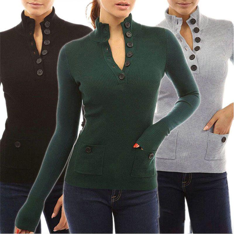 Top casual a collo alto a maniche lunghe da donna, maglione in maglia, T-shirt con bottoni, camicetta, in tessuti di alta qualità per il comfort di tutto il giorno