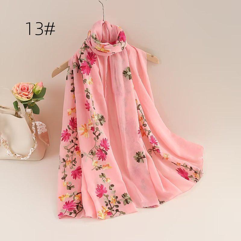 Ethnic Style Embroidered Cotton-Linen Scarf: Thin, Breathable, Fashionable Sun Protection; Wear as Head Wrap or Shawl.
