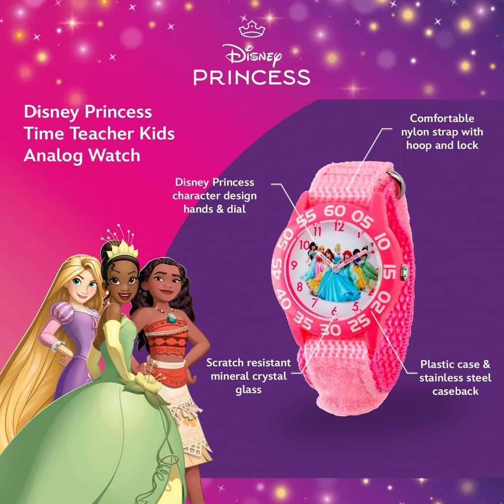 Disney W001990 Princess Time Teacher Watch with Pink Nylon Band Kids'