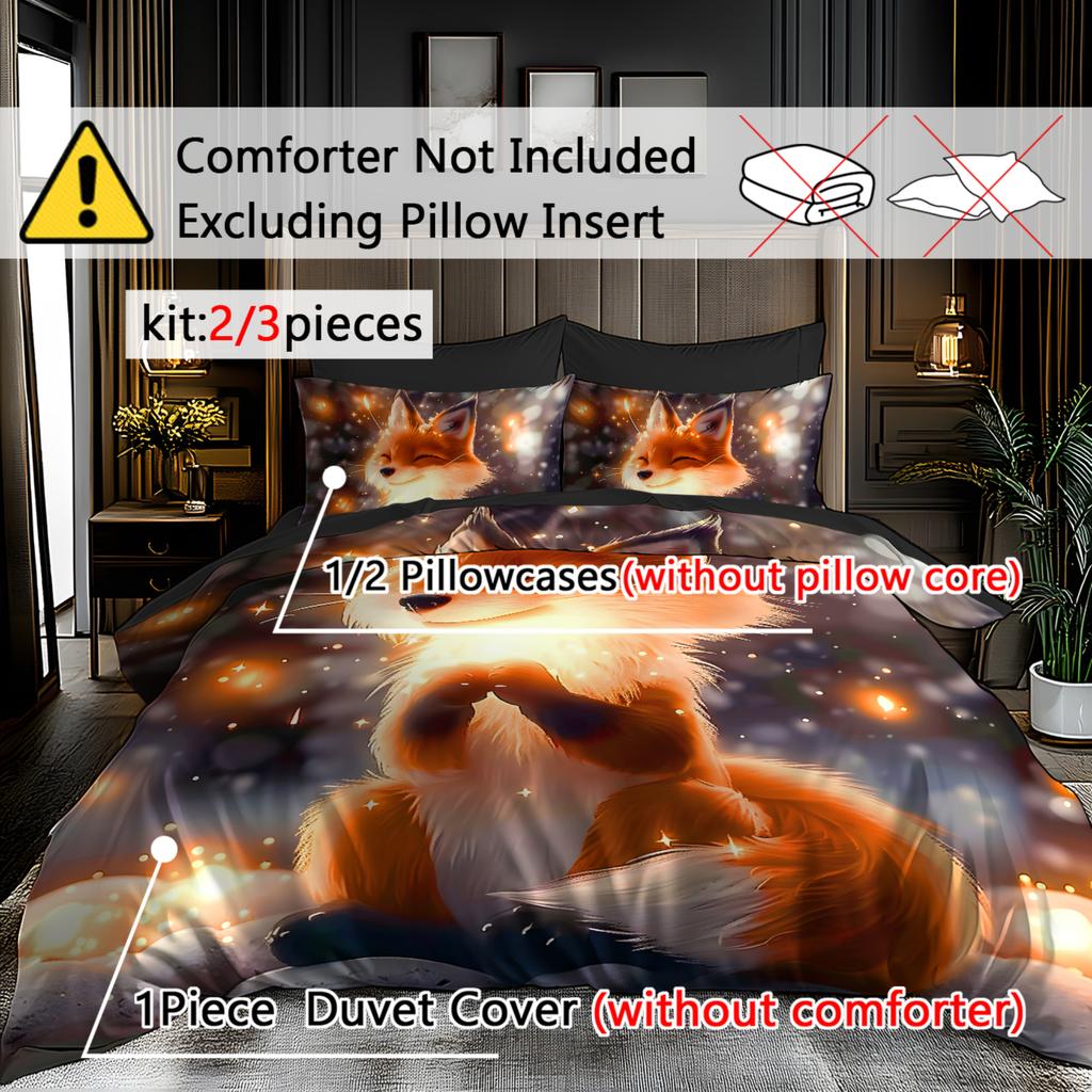 Warm Minimalist Style 3D Pattern of Animal Fox Bedding Set Elves Brushed Digital Printing Duvet Cover Soft Comfortable for Bed