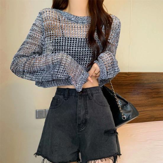 Damen Oberteile Unifarben Lockerer Schnitt Hohlmuster Pullover Oberteile Reine Farbe Sommer Dünne Oberteile Sonnenschutz Kurzes Überwurf-Oberteil