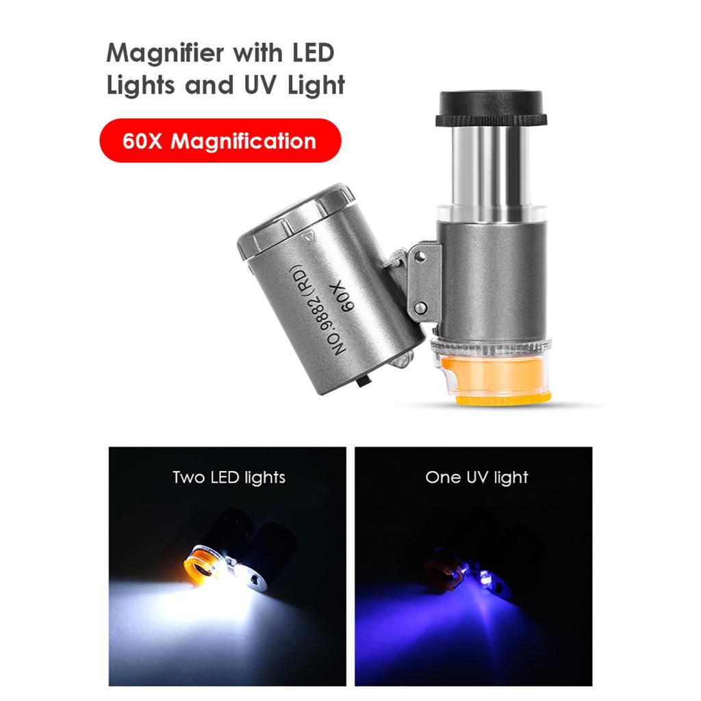 60X Magnifying Glass Lighted Magnifier with 2 LED Lights & 1 UV Light Adjustable  Length for Jewelers Watchmakers