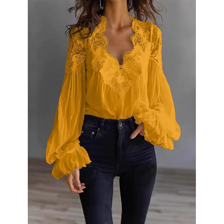 Nuova Blusa da Donna Patchwork di Pizzo con Maniche a Sbuffo e Pieghe - Primavera 2026