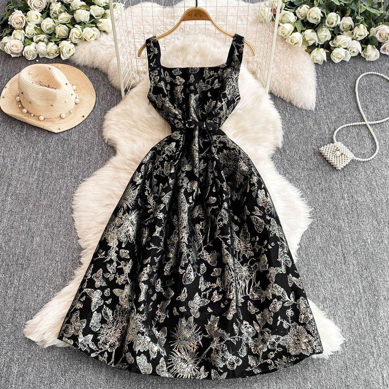 

High-End Temperament French Royal Style Sling Dress Heavy Industry Jacquard Waist-Tight Slim Looking Puffy Dress Women s Summer Black M