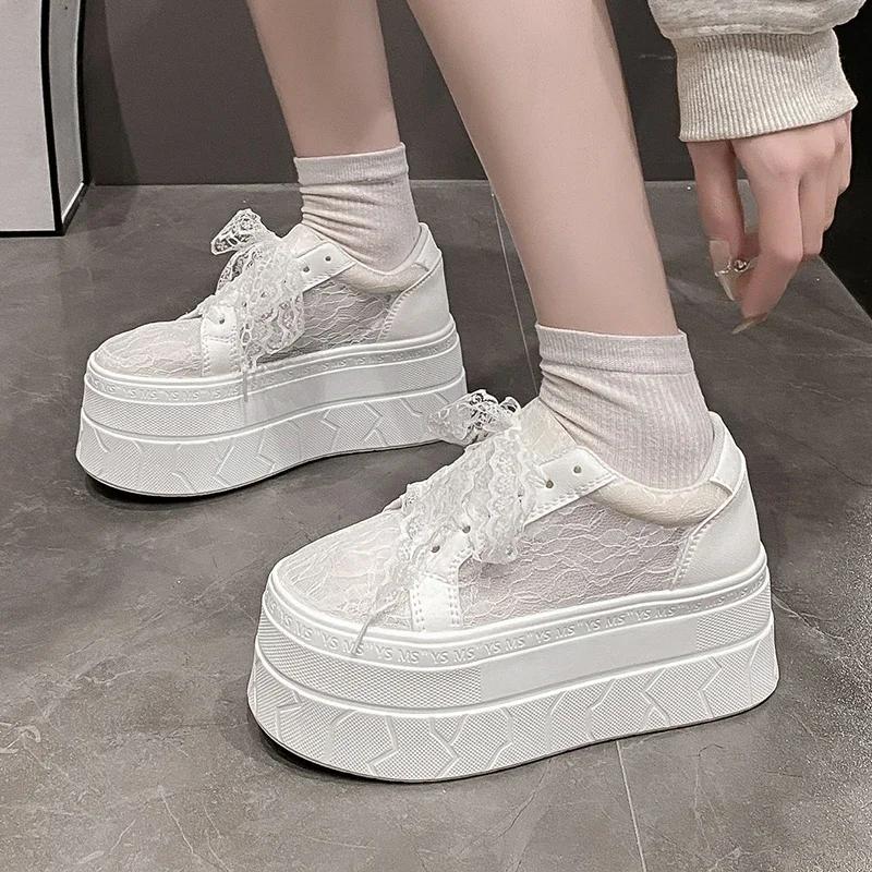 Fashion New 7.5CM Thick Soled Air Mesh Genuine Leather Mesh Breathable Hollow Casual Sneaker Platform Flats White Shoes for Women Summer