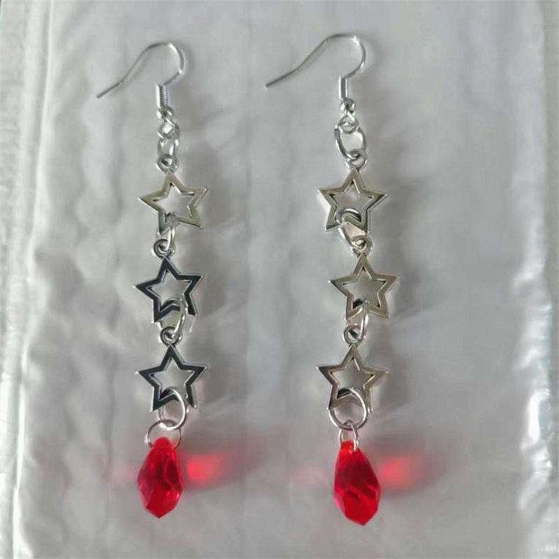 Modne Kolczyki Wiszące w Kształcie Gwiazdy Kolczyki Studs z Wytwornym Grawerem i Czerwonymi Kamieniami Imitacja Biżuteria do Uszu