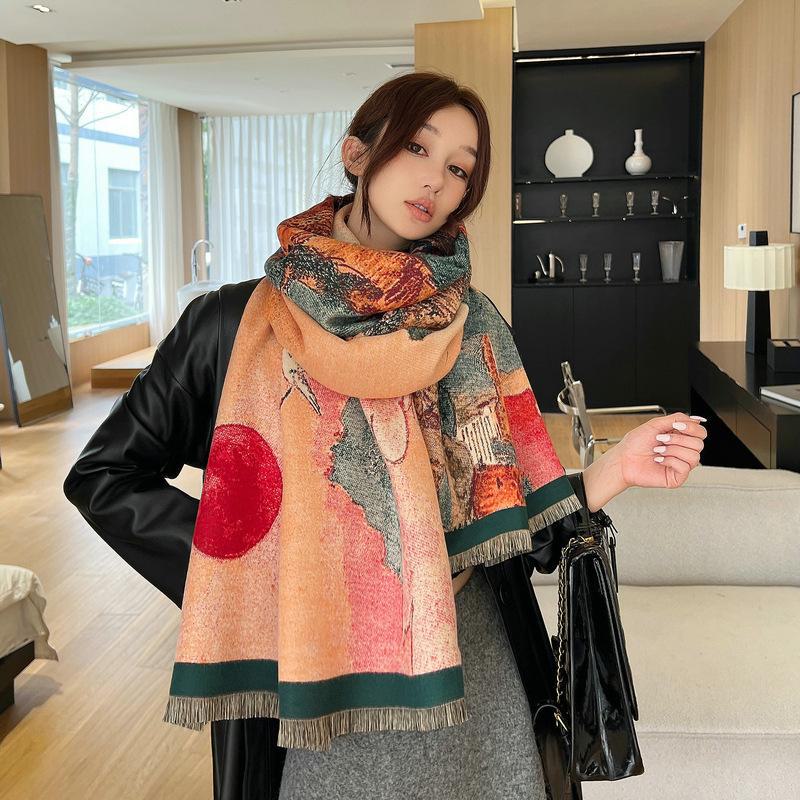 Ethnic Style Landscape Oil Painting Scarf - Autumn/Winter Fashion for Female Students, Warm Imitation Cashmere Shawl
