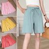 Frauen Einfarbig Elastische Taille Shorts Kordelzug Breite Bein Hosen Sommer Baumwolle Leinen Strand Shorts