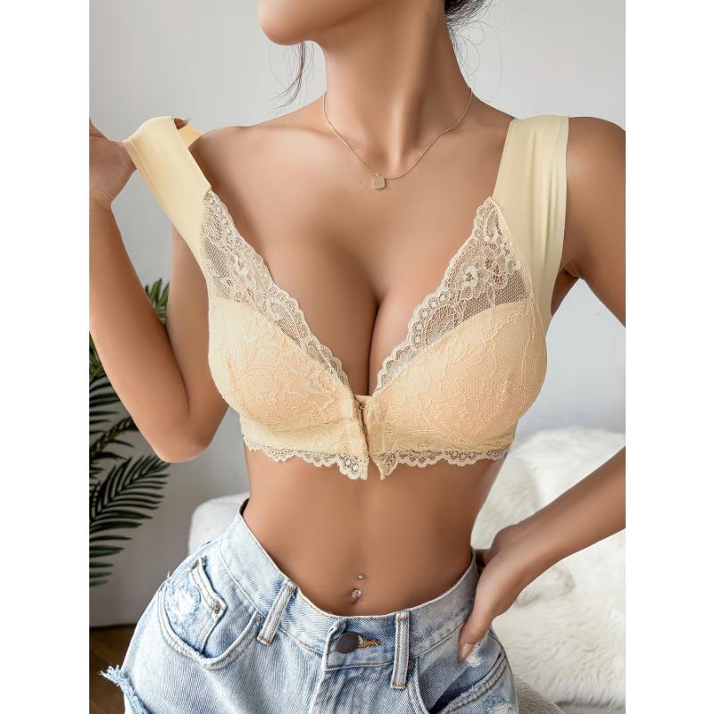Simple Solid Contrast Lace Front Buckle Bra, Comfy & Breathable Wireless Push Up Bra, Women's Lingerie & Underwear