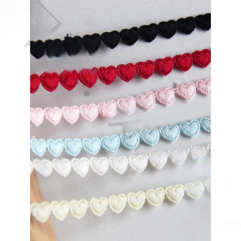 F22 Japanese Mercerized Cotton Embroidery Lace Trim with Small Heart Design, 0.8cm Width, for Skirt Hem Decoration and DIY Clothing.