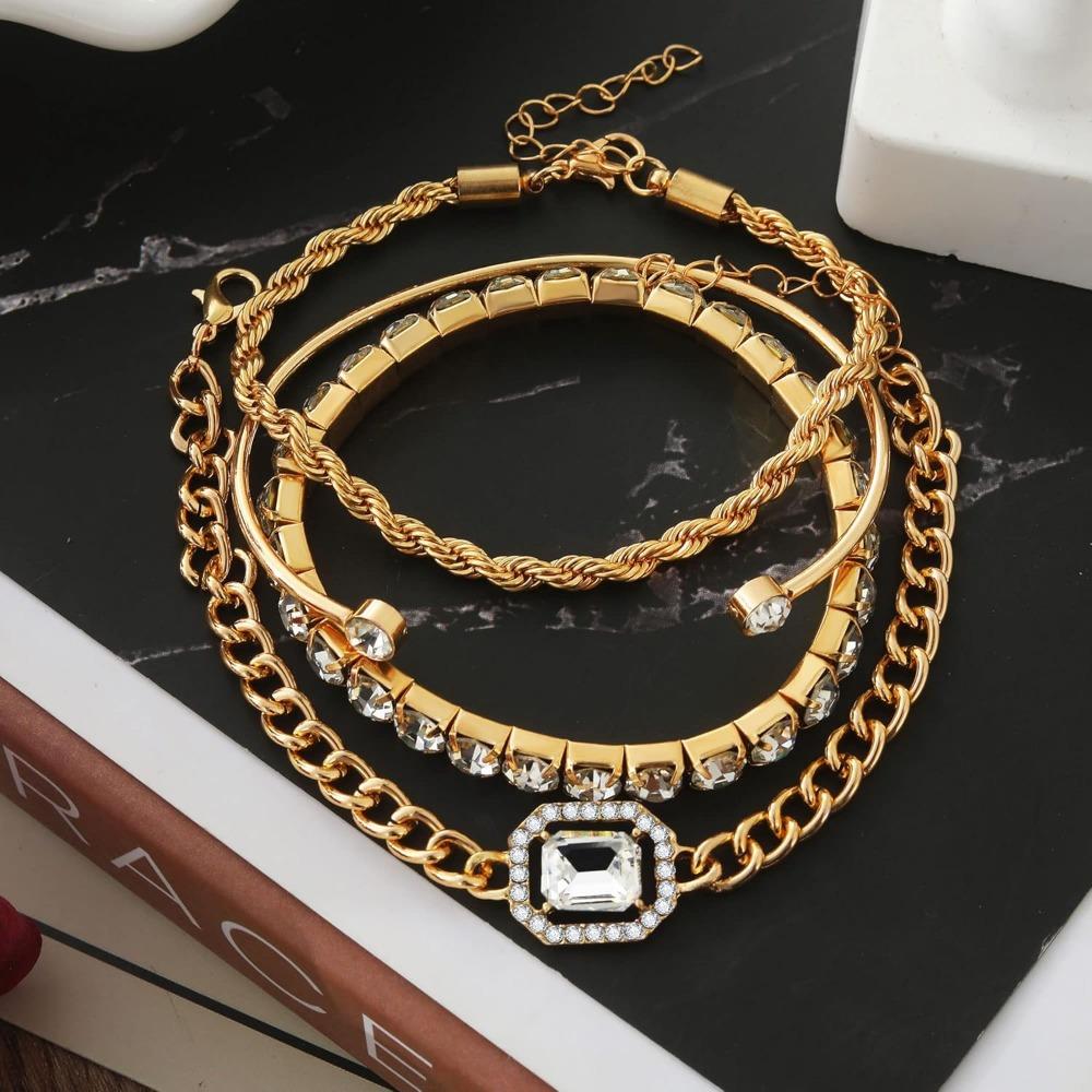 4Exquisite gold and silver bracelet set for women, with cubic zirconia inlay, layered chains, adjustable trendy jewelry