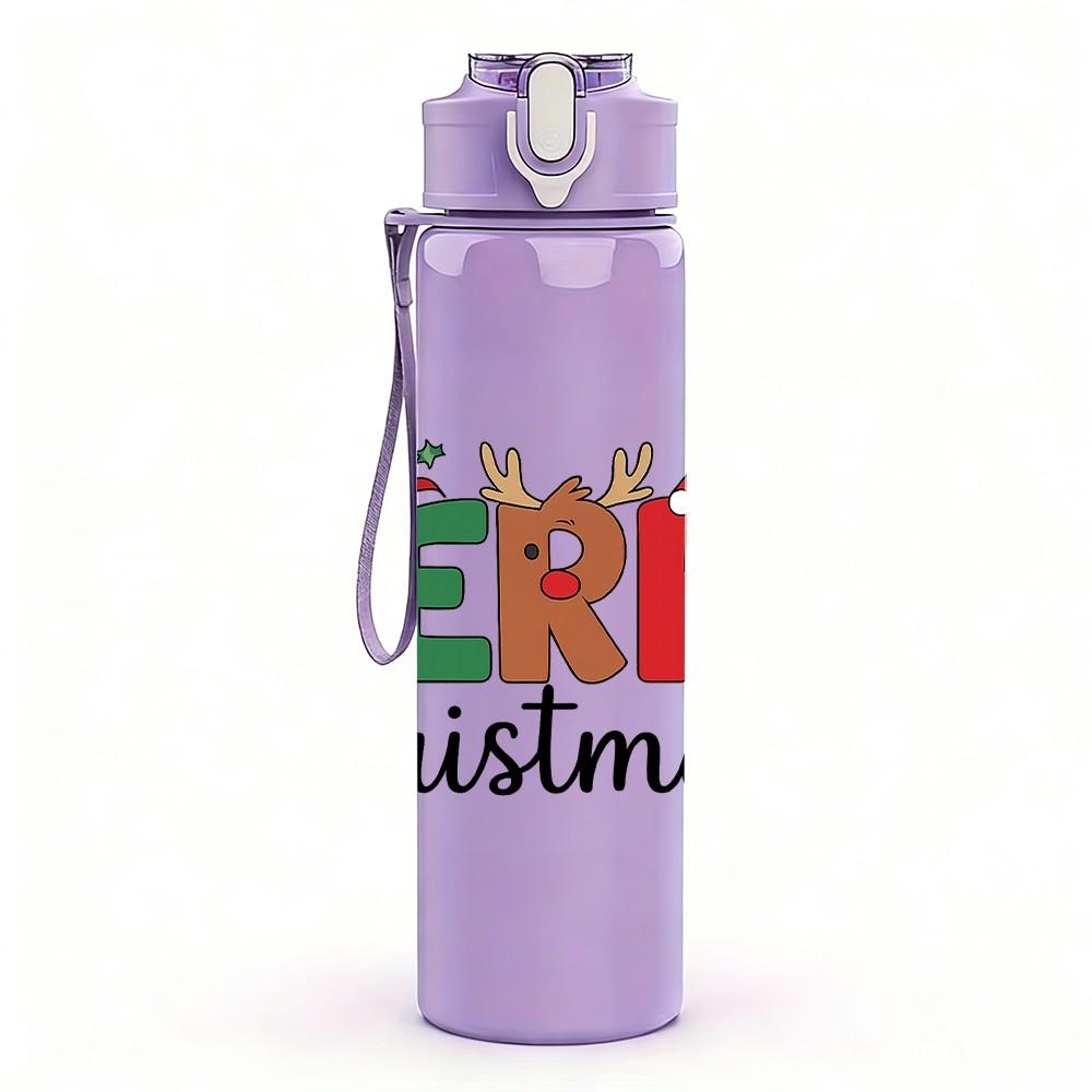 1PC Merry Christmas Text Retro 750ml Color Plastic Sports Water Bottle Leakproof Flip Straw Lid Suitable for Sports Office Home Use