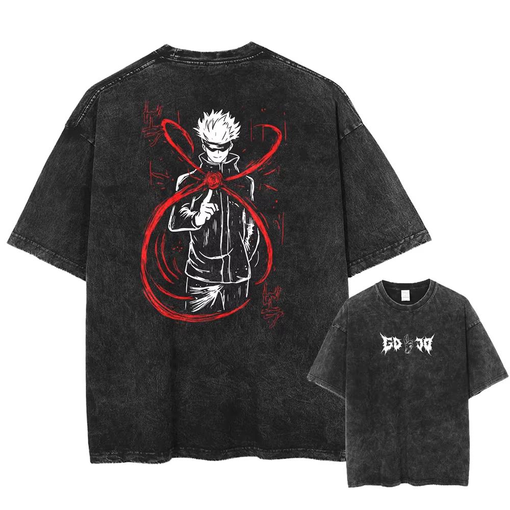 Japan Anime Jujutsu Kaisen Gojo Satoru Print Washed Tshirt Men Pure Cotton Tshirts Manga Casual T Shirt Harajuku Top Streetwear