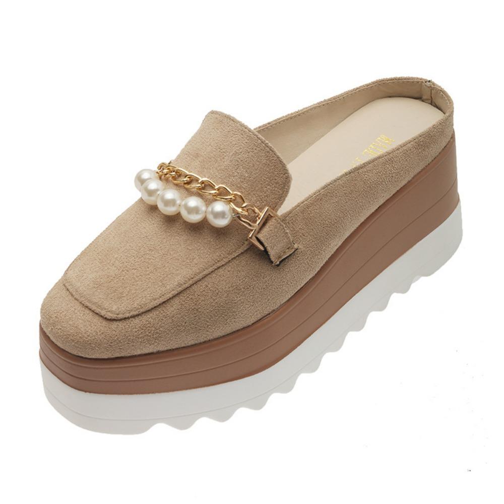 Womens Slippers Fashion Pearl Chain Shoes 7cm Heeled Suede Platform Comfortable Loafers Baotou Outdoor Casual Mules Slippers