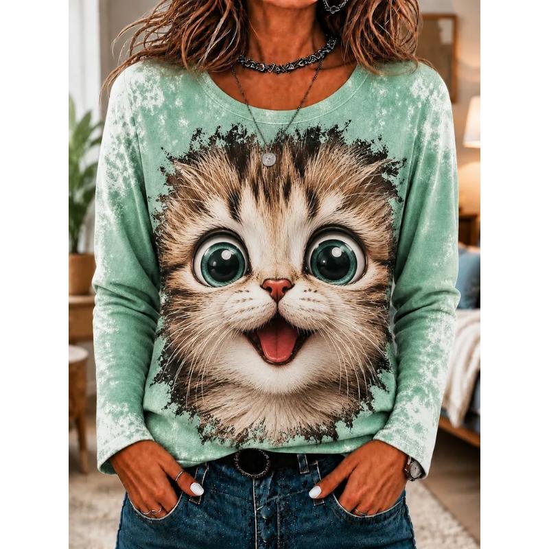 Fashion Women's Crew Neck Long Sleeve 3D Casual Color Printing Casual Long Sleeve Crew Neck T-Shirt